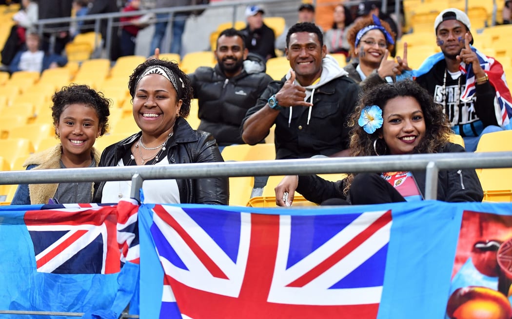 Fiji fans cheer on their team against the All Whites.