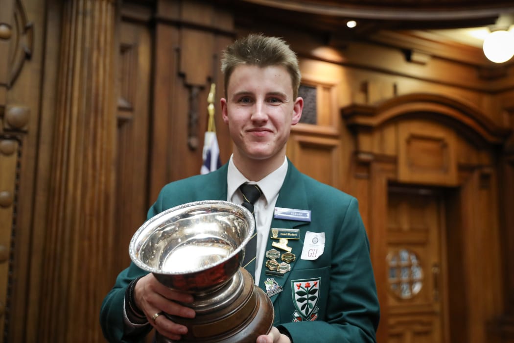 Keelan Heesterman (Karamu High School) holds the New Zealand Universities' Trophy won by the Hawkes Bay Team