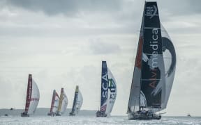 The Volvo Ocean Race fleet head out of the Hauraki Gulf at Auckland bound for Itajai, Brazil.