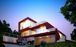 3D render of the exterior of a property on a hill with dusk skies.