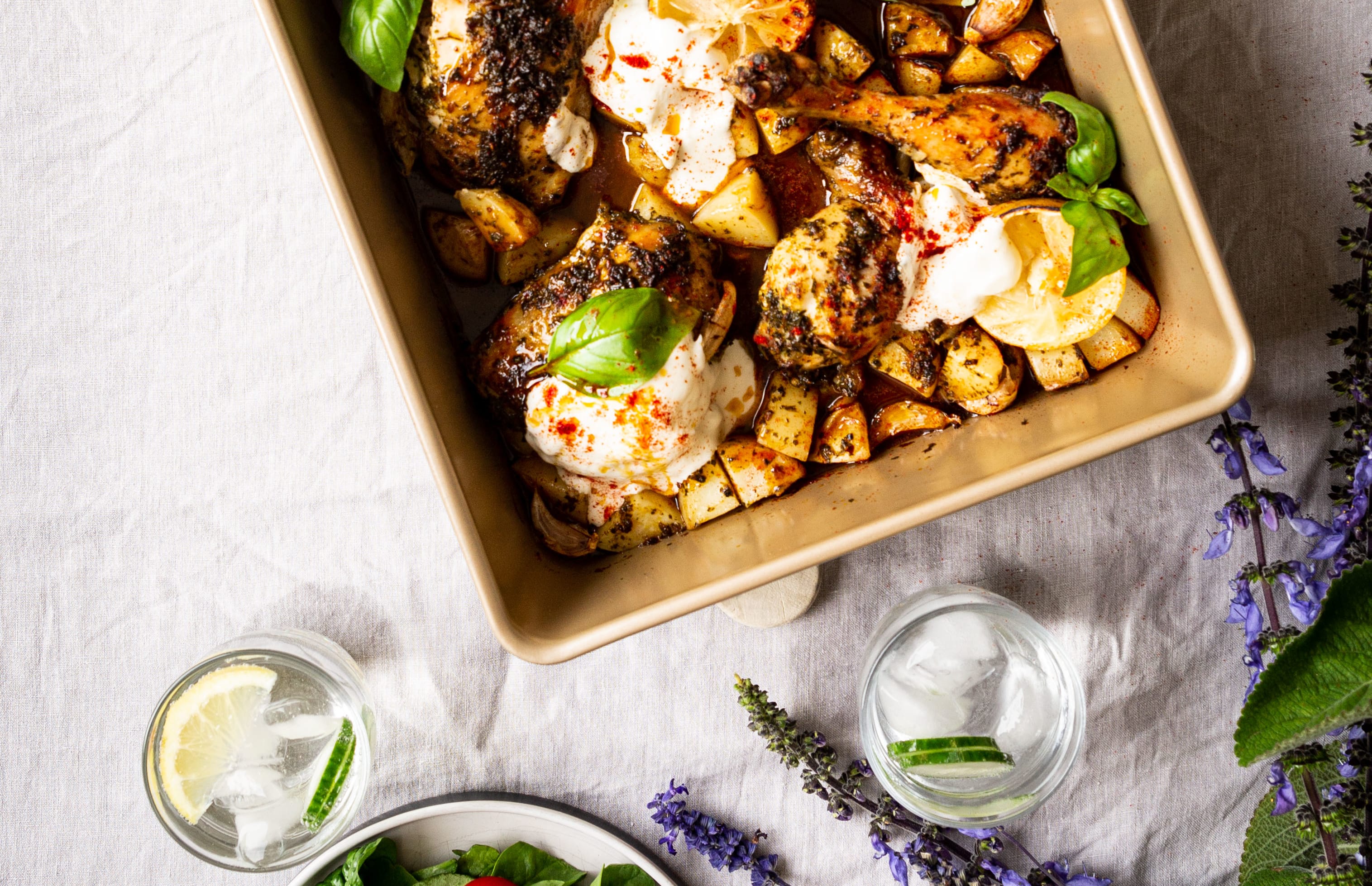 One-Pan Herby Moroccan Chicken with Agrias & Garlic Yoghurt