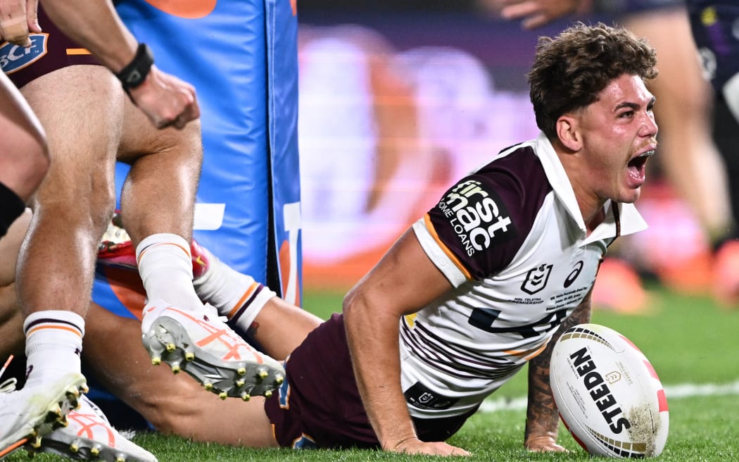 Reece Walsh scores a try for the Brisbane Broncos during the NRL grand final against the Melbourne Storm, October 5, 2025. (AAP Image/Dan Himbrechts/Photosport)