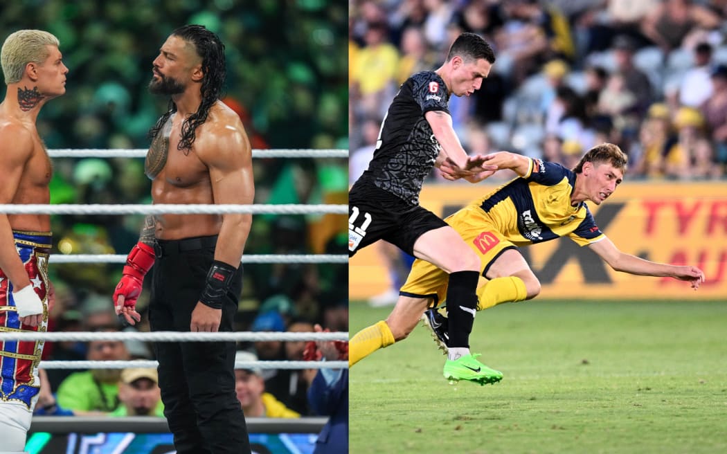 Cody Rhodes and Roman Reigns face off (L), Jacob Farrell of the Mariners competes for possession with Bozhidar Kraev of the Phoenix (R)
