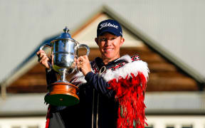 Australian golfer Brad Kennedy with the Brodie Breeze trophy after winning the 101st New Zealand Golf Open, 2020.