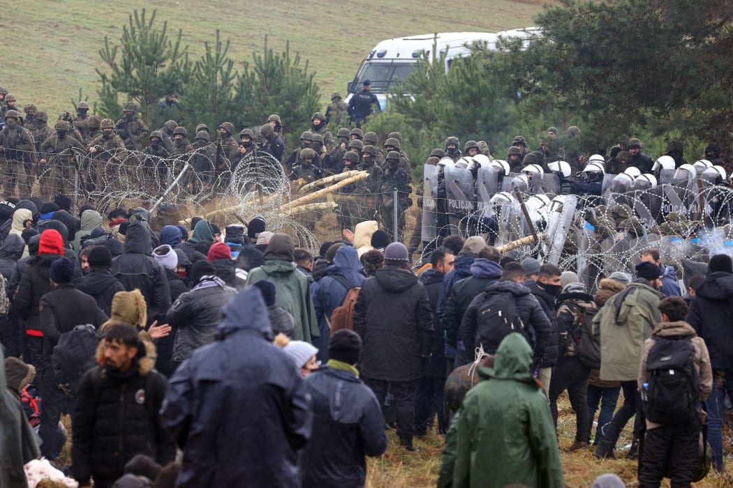 Irregular migrants continue to wait at the Polish-Belarusian border on 9 November, 2021 in Belarus.