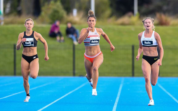 Zoe Hobbs (centre) womens' 200m with Nat Eady (left) and Georgia Hulls (right) during the International Track Meet at Nga Puna Wai, Christchurch, New Zealand, 6th February 2021.