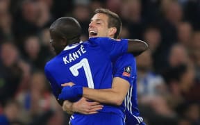 Ngolo Kante celebrates a goal for Chelsea.
