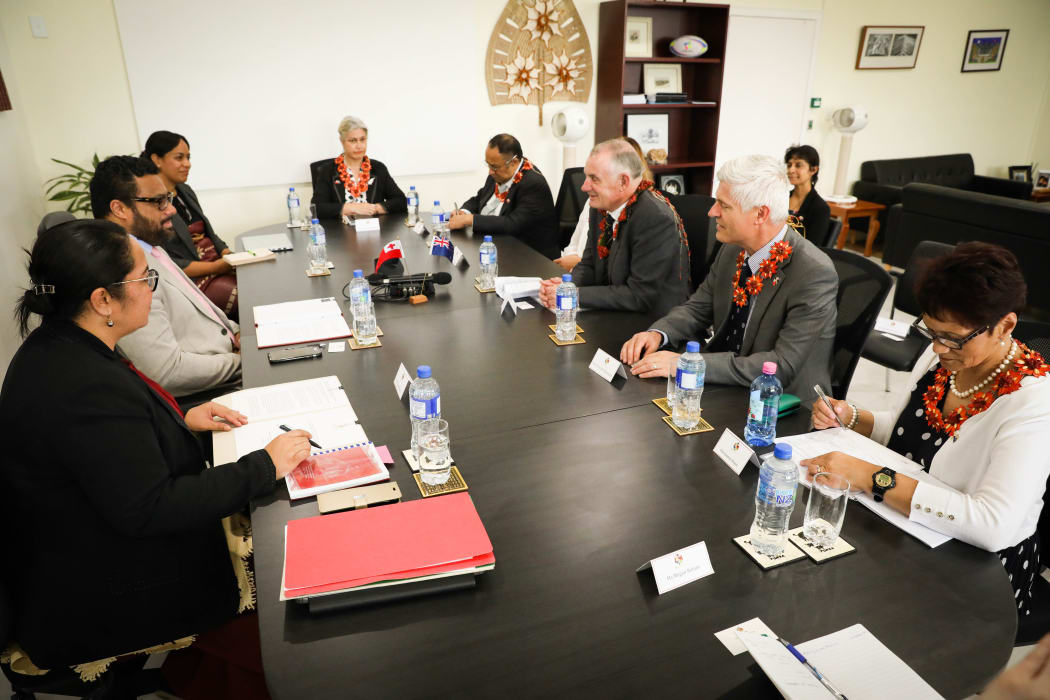 The Speaker of Tonga's Parliament Lord Fakafanua meets with the New Zealand Speaker Trevor Mallard and the other New Zealand MPs at Tonga's temporary Parliament site.