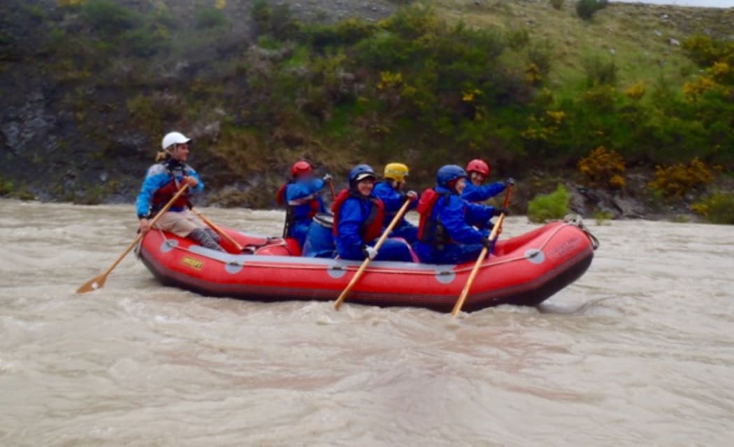 Off to raft the Clarence. Clarence River Rafting Guide Toby Johnstone, Julie Reed, Deirdre Lusby (yellow helmet), Liz Grinstead, Di Anyan.