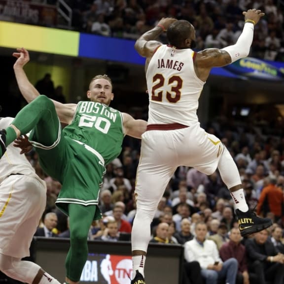 Celtics forward Gordon Hayward collides with LeBron James