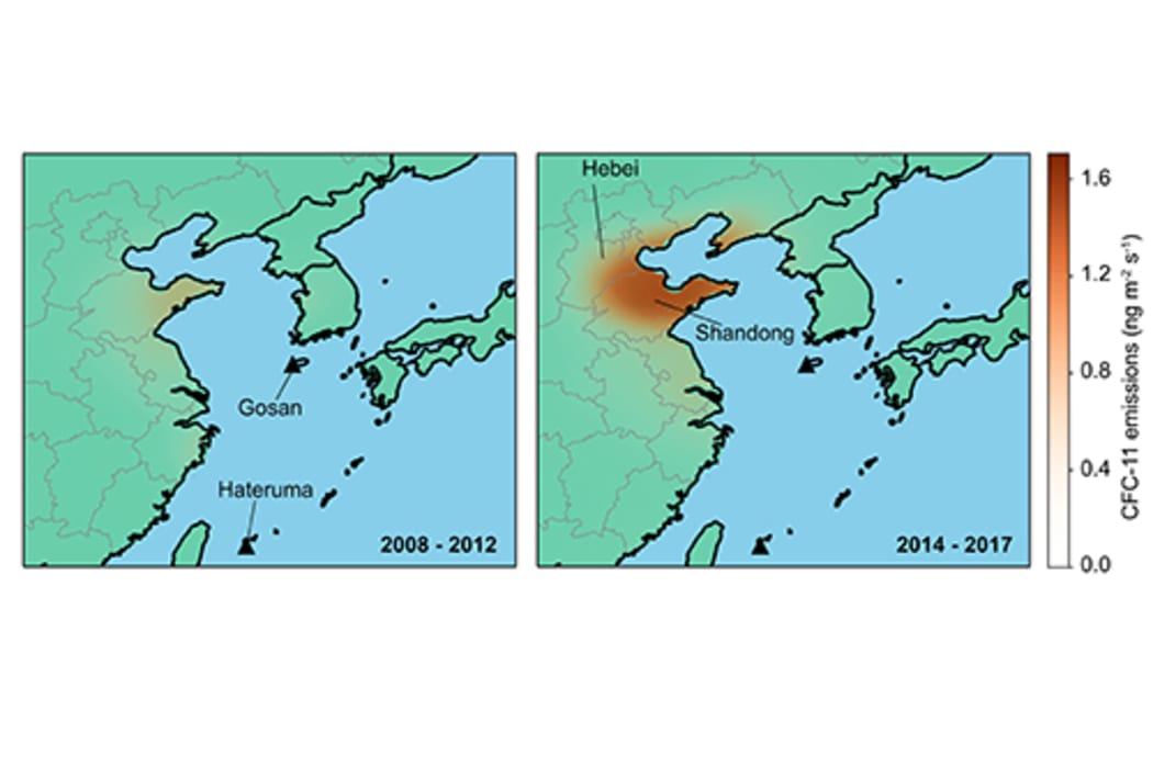 Emissions inferred from atmospheric observations at Gosan and Hateruma monitoring stations show an increase from eastern China between the periods 2008–2012 (left) and 2014–2017 (right). The emission rise is primarily from Shandong and Hebei and surrounding provinces