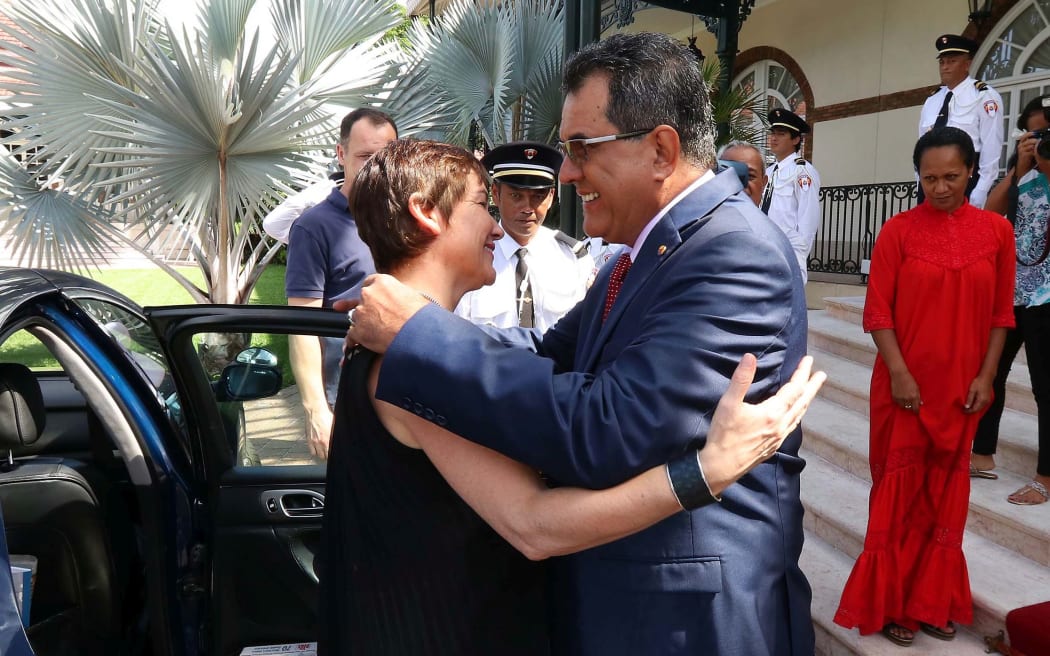 French Overseas Minister Annick Girardin is greeted by French Polynesian President Edouard Fritch on her visit to the territory in  January 2018