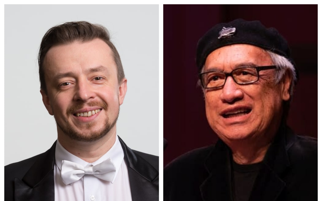 Headshots of NZSO double bass Oleksandr Gunchenko on the left and author Witi Ihimaera on the right.