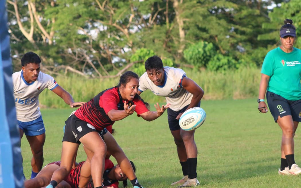 The Manusima 7s team in a scrimmage session with the Manu Samoa 7s team in Apia preparing for the World Sevens Challenger Series tournament in Cape Town in March 2025.