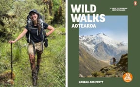 A composite image showing Hannah-Rose on the left, and the cover of Wild Walks Aotearoa on the right. Hannah-Rose is leaning on a stick, carrying a hiking pack, with her legs covered in mud, smiling, standing in the bush. The book cover shows a tramper standing on a hillside gazing at a snowy mountain in the distance.