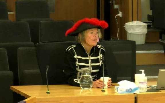 Mary McCammon delivering her submission to Christchurch City Council on the Arts Centre in a pirate costume.