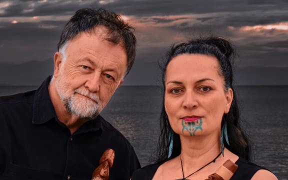 Musicians Bob Bickerton and Ariana Tikao hold taonga puoro