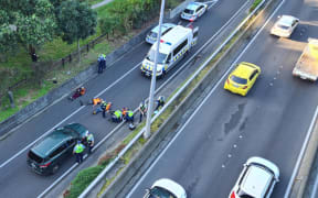 Rail protesters on State Highway 1 in central Wellington on 27 April 2023.