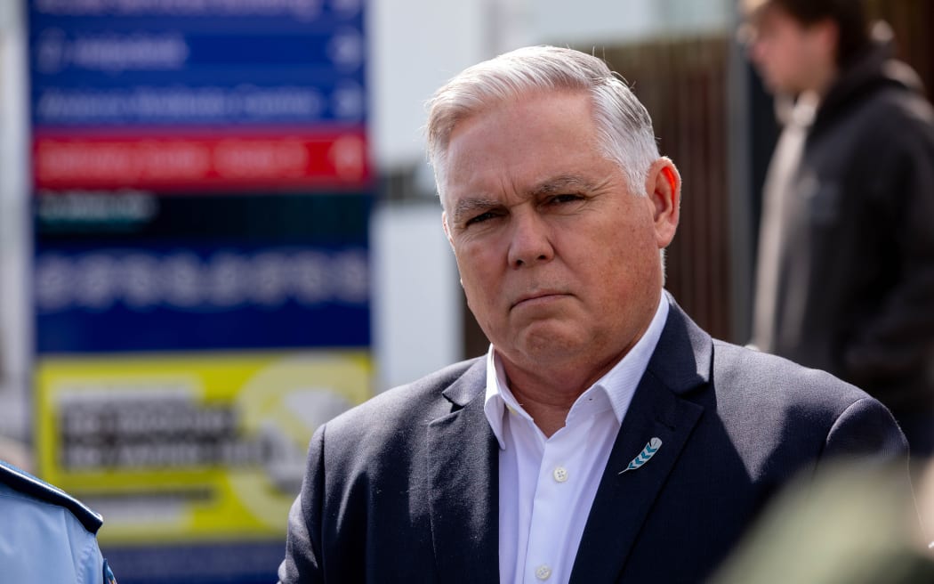 Police Minister Mark Mitchell outside Waikato Hospital.