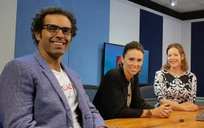 Geoff Simmons, Jacinda Ardern and Julie-Ann Genter in RNZ's Auckland studio for a live debate ahead of 2017's Mount Albert by-election.