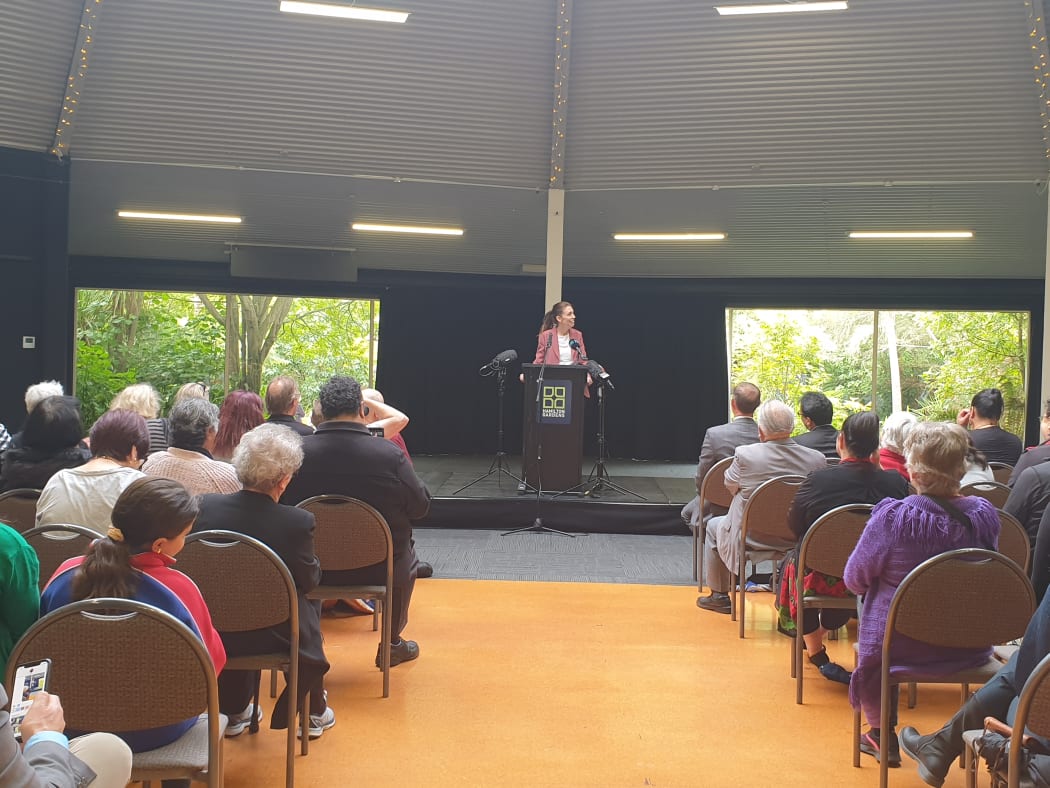 Jacinda Ardern addresses the public at a meeting in Hamilton