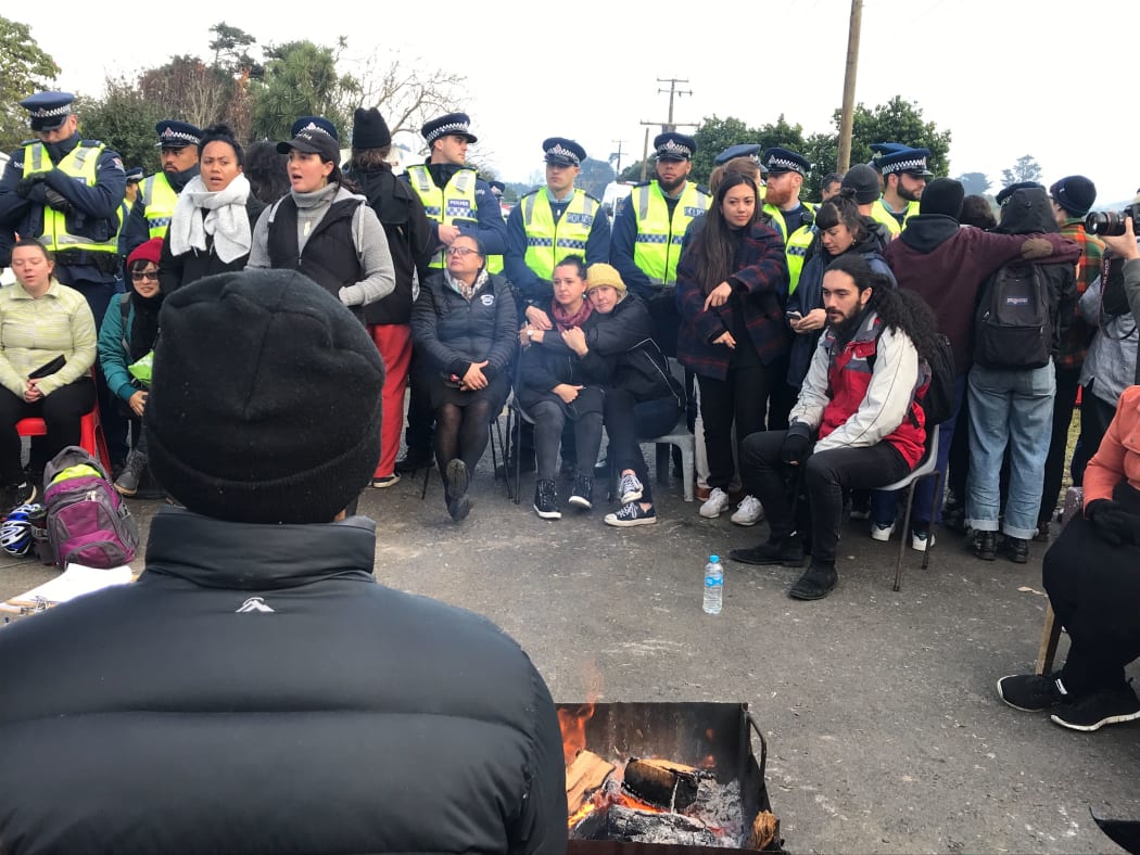 The scene at the entrance to the Ihumātao site.