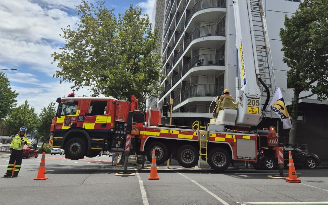 A fire truck at an apartment building on Hobson Street, Auckland.