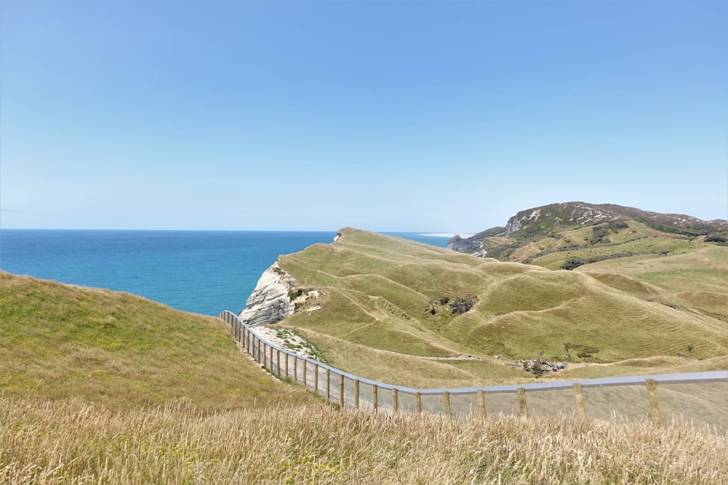 The 200m predator fence at Cape Farewell and Farewell Spit in the distance.