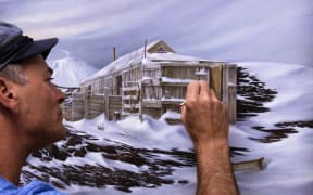 Painting in progress of Shackleton’s Cape Royds hut. Nelson studio.