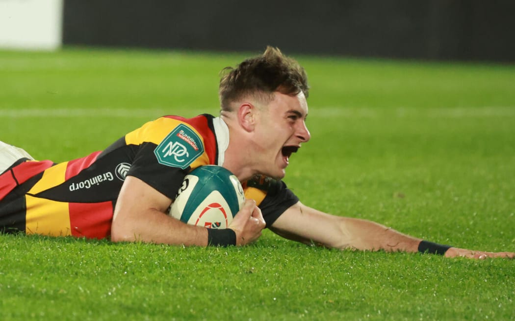 Oli Mathis of Waikato scores during the Waikato v Northland NPC match.