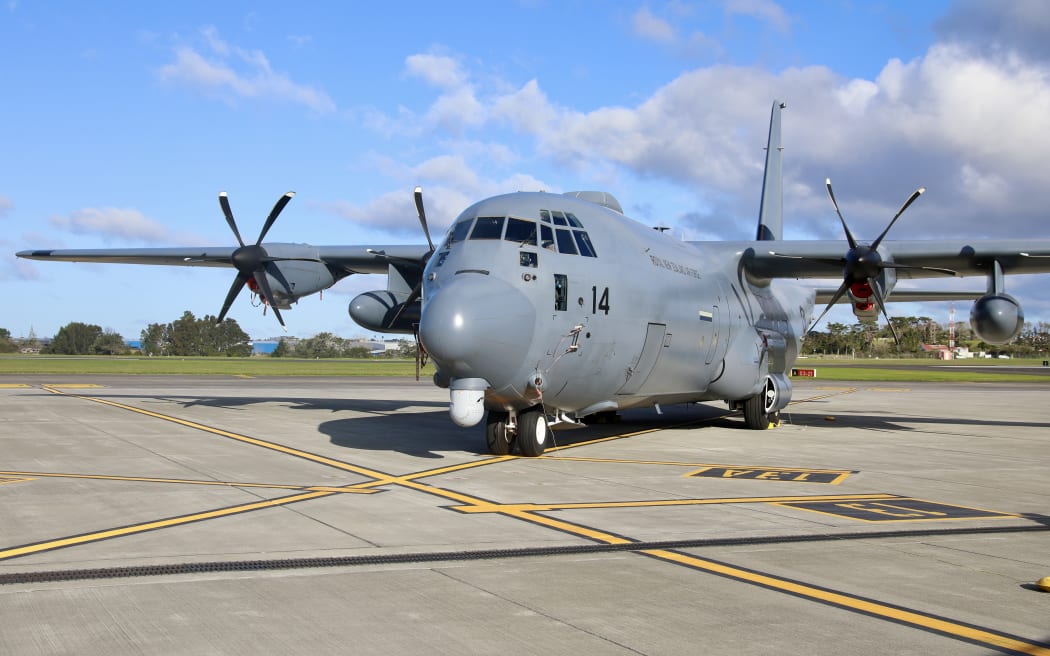 A C-130J Hercules at the announcement that the Defence Force was sending a plane to the Middle East to assist any New Zealanders stranded in Iran or Israel on 22 June, 2025.