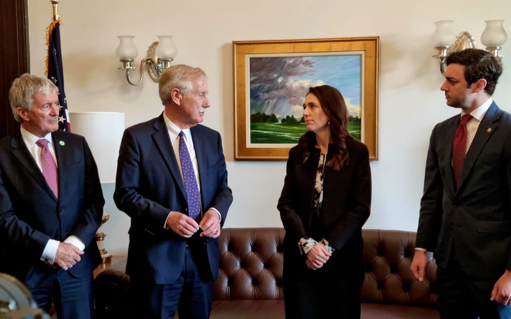 Trade Minister Damien O'Connor, Senator Angus King (Independent-Maine), Prime Minister Jacinda Ardern and US Senator Jon Ossoff (Democrat-Georgia) meet in Washington DC.