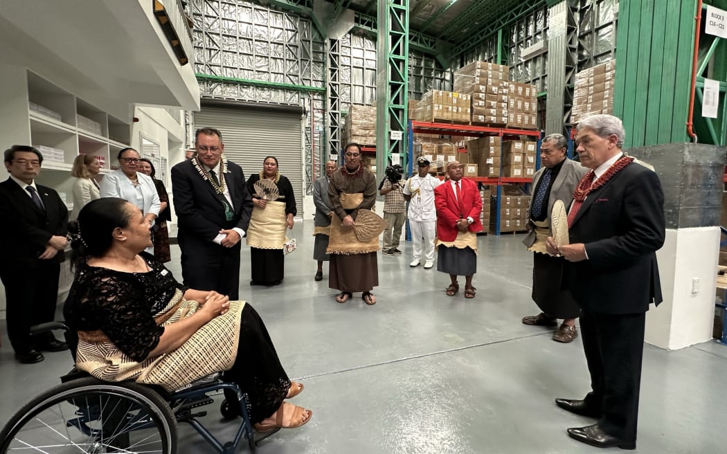 Head Pharmacist Leva’itai Asaeli, left, gave the tour of the new Tonga Pharmaceutical Facility to Crown Prince and Dr Shane Reti. 7 Feebraury 2024