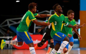 Solomon Islands captain Elliot Ragomo celebrates one of his two goals.