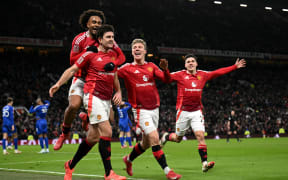 Manchester United defender Harry Maguire celebrates a controversial goal against Leicester City in an English FA Cup fourth round match at Old Trafford, 7 February, 2025.