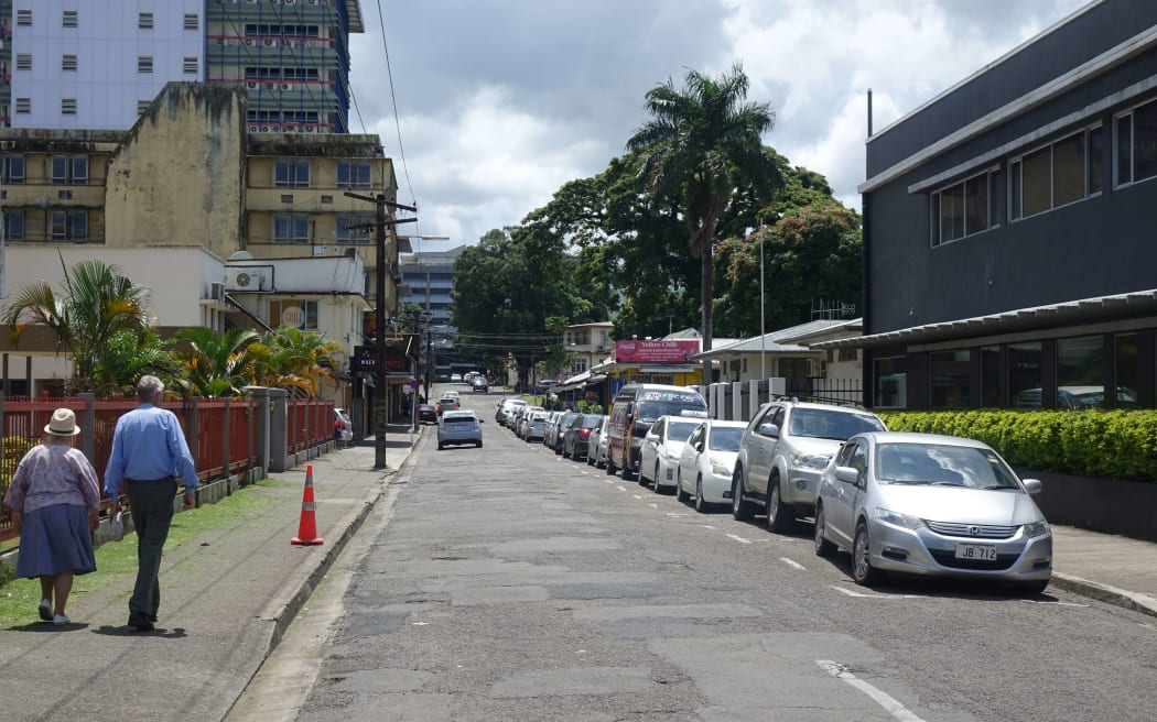 A street in the government district of downtown Suva, Fiji.