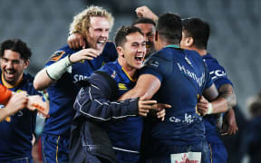 Otago celebrate an upset win over Auckland at Eden Park.
