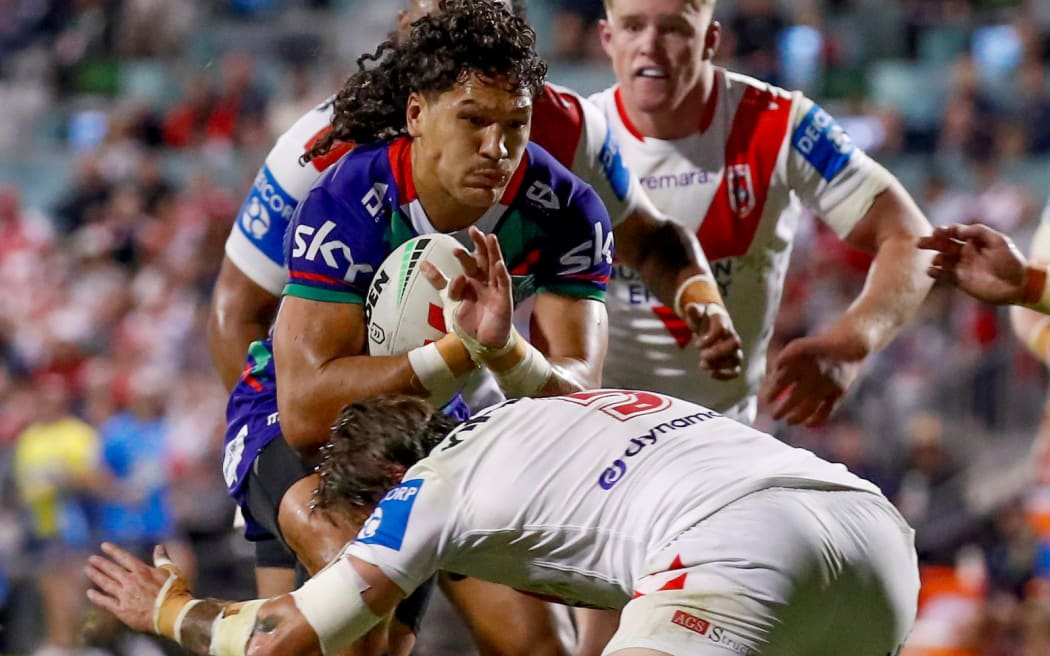 Dallin Watene-Zelezniak in possession. St George Dragons v One NZ Warriors.