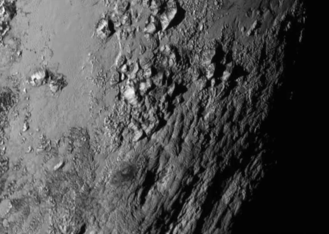 A close-up of Pluto's icy mountains.