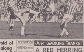 A photo from the Auckland Star newspaper showing Manchester United star George Best contesting the ball with two Auckland players. The headline reads "Brilliant Best just too good."