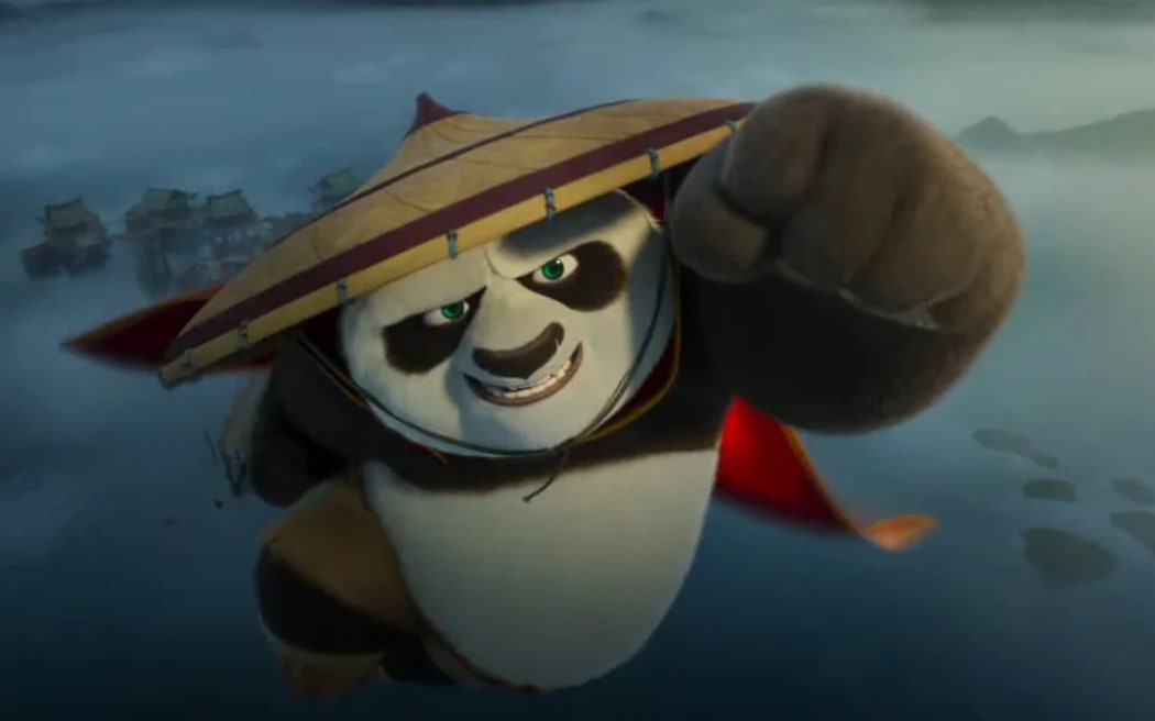 The character of Po looks angrily at the camera in a scene from the 2024 film Kung Fu Panda 4