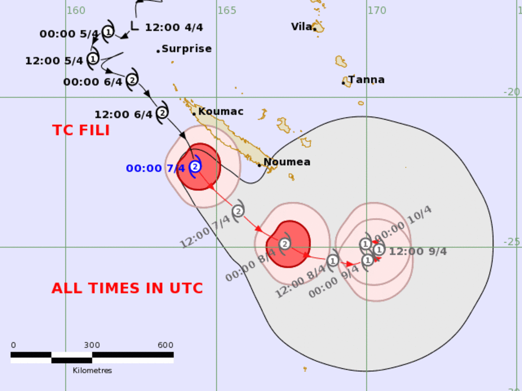 Cyclone Fili tracking map Thursday afternoon 7th April