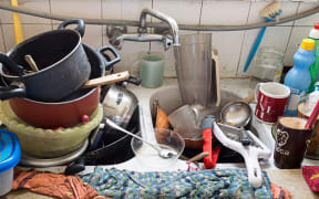Pile of dirty utensils in a kitchen washbasin - messy tenant, rental