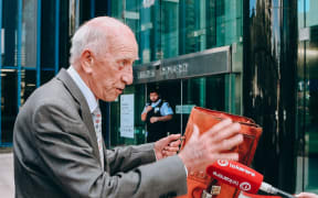 Sir Bob Jones outside the High Court at Wellington on Monday 10 February on the first day of a defamation case.
