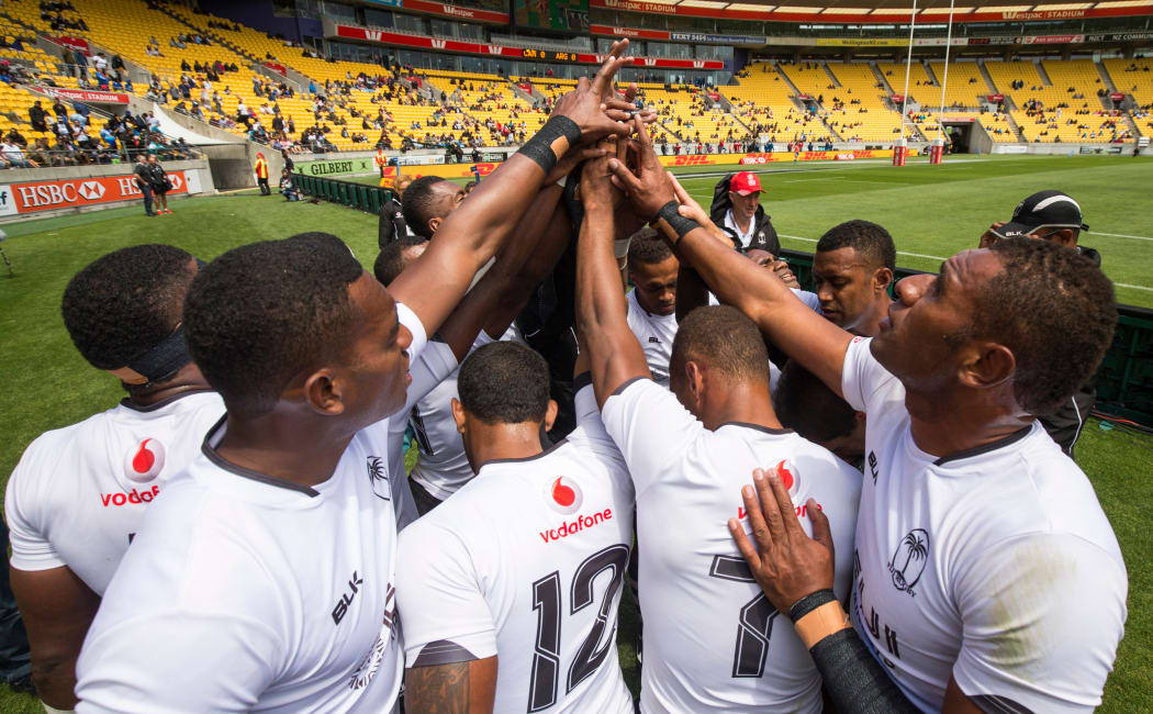 Fiji huddle up during the Wellington Sevens.