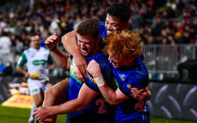 AJ Lam of the Blues and Finlay Christie of the Blues celebrates Dalton Papalii of the Blues try during the Super Rugby Pacific match, Crusaders Vs Blues, Christchurch 15 April.