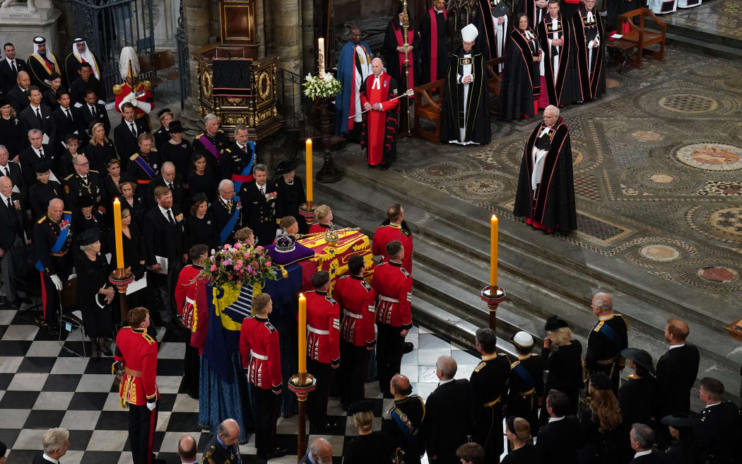 The coffin is placed near the altar at the State Funeral of Queen Elizabeth II, held at Westminster Abbey, in London on September 19, 2022.
