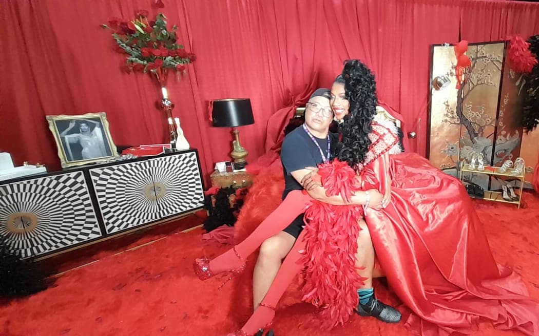Drag Race fan, Rupene Amato of Wairoa, with season 12 winner, Jaida Essence Hall.