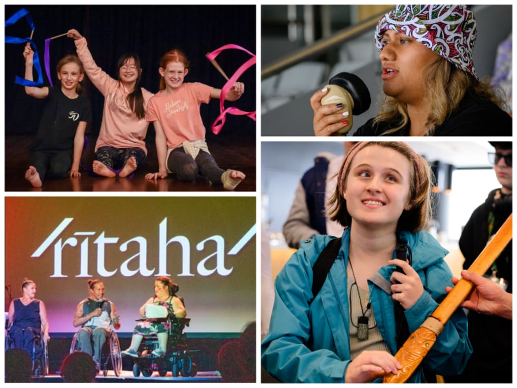 Clockwise from top left: A Circability performance, audio describer Alanah-Jay Harris at Te Matatini 2023, a student doing a touch tour at Te Matatini 2023, and a Touch Compass performance of its show, /rītaha/