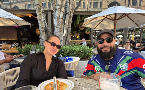 All Blacks fans Dayna and Corey in Johannesburg's Mandela Square.